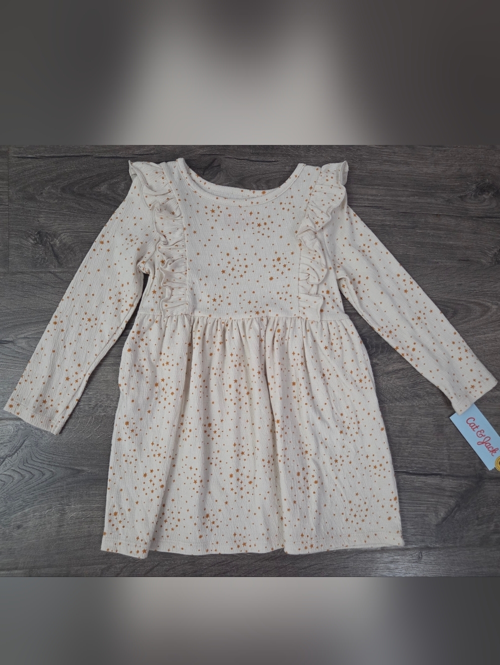Girls Cat & Jack Cream Dress with Gold Star Print and Ruffles Size 3t NWT